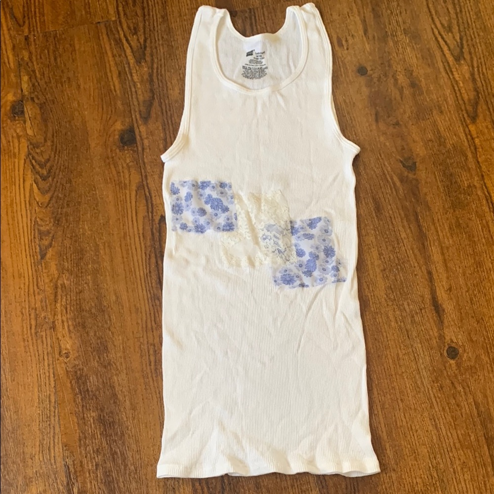 Upcycled White Ribbed Tank Top with Purple Floral Patchwork | Cottagecore M